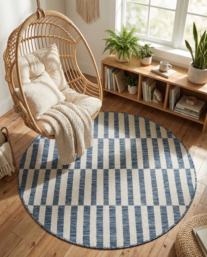 Seaside Stripes Collection Area Rug - Cabana (Blue) Round Blue  lifestyle 21