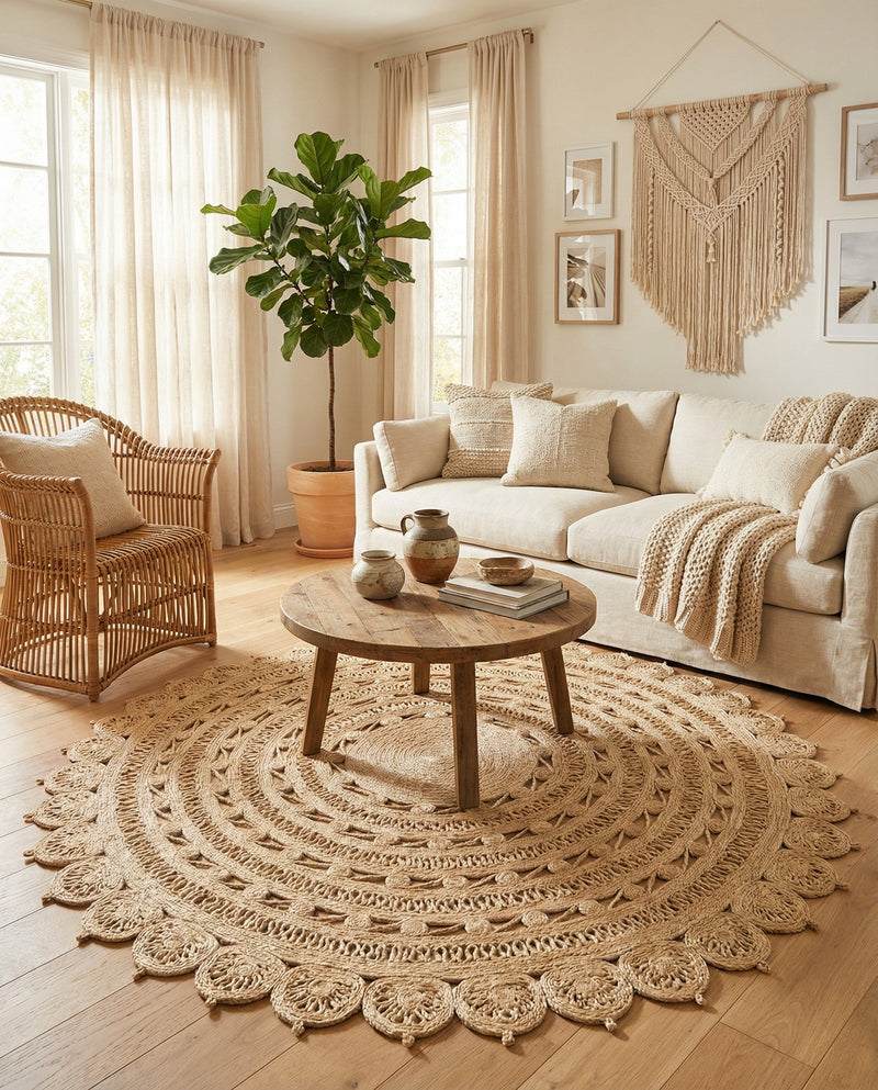 Woven Seaside Jute Collection Area Rug - Coastalhaven (Ivory) Round Ivory  lifestyle 8