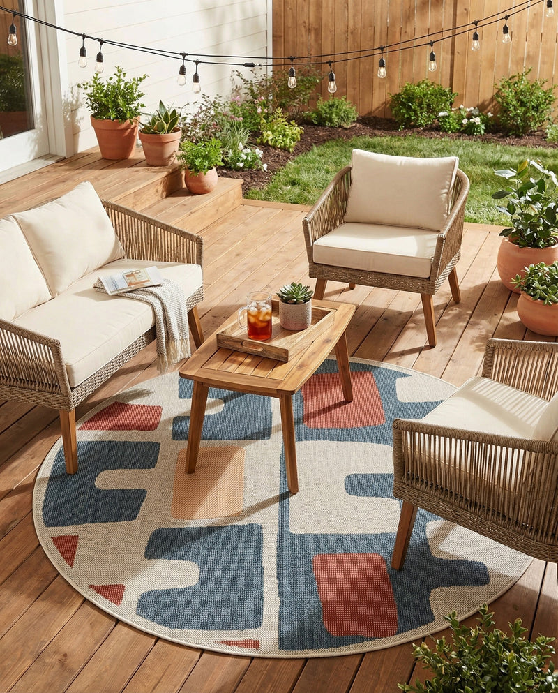 Coastal Terrace Collection Area Rug -  Sail Round Ivory and Blue  lifestyle 56