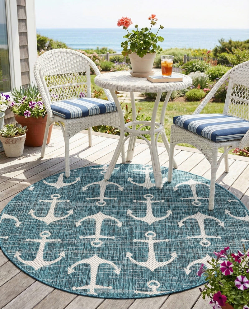 Seaside Haven Rugs Collection Area Rug - Sapphire (Teal) Round Teal  lifestyle 47