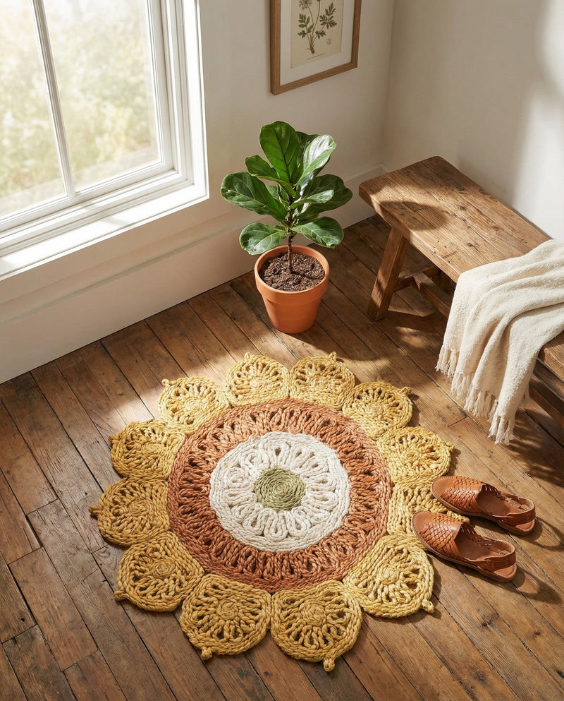 Woven Seaside Jute Collection Area Rug - Coastalhaven (Sunflower Yellow) Round Sunflower Yellow  lifestyle 4