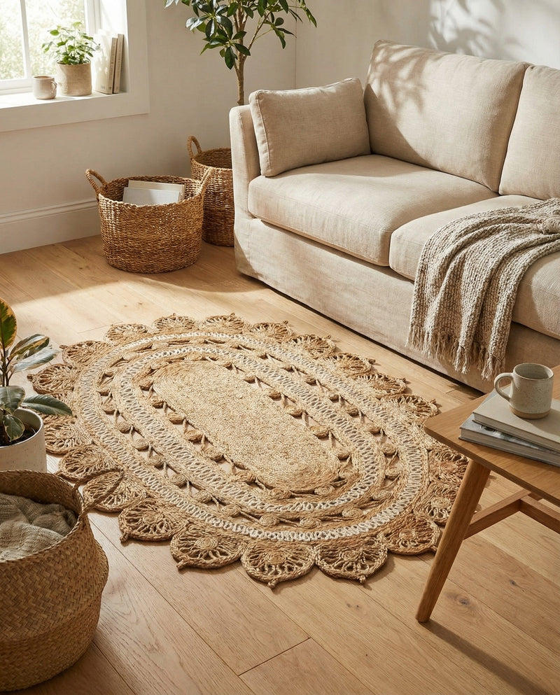 Woven Seaside Jute Collection Area Rug - Coastalhaven (Natural and White) Oval Natural and White  lifestyle 20
