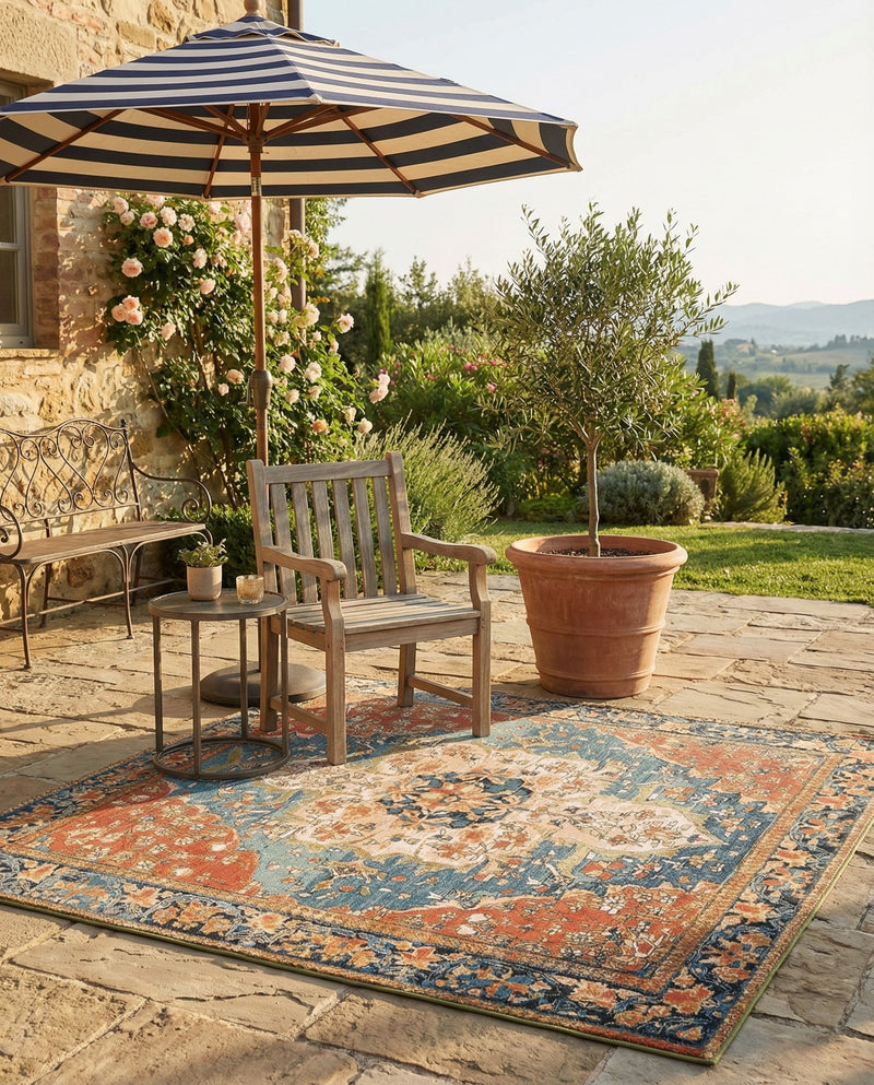 Patio Heritage Collection Area Rug -  Grove Square Navy Blue and Rust Red  lifestyle 63