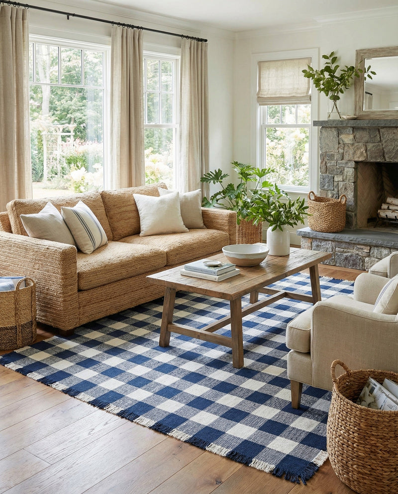 Sustainable Grid Indoor-Outdoor Oasis Collection Area Rug - Savannah Rectangle Navy Blue  lifestyle 33