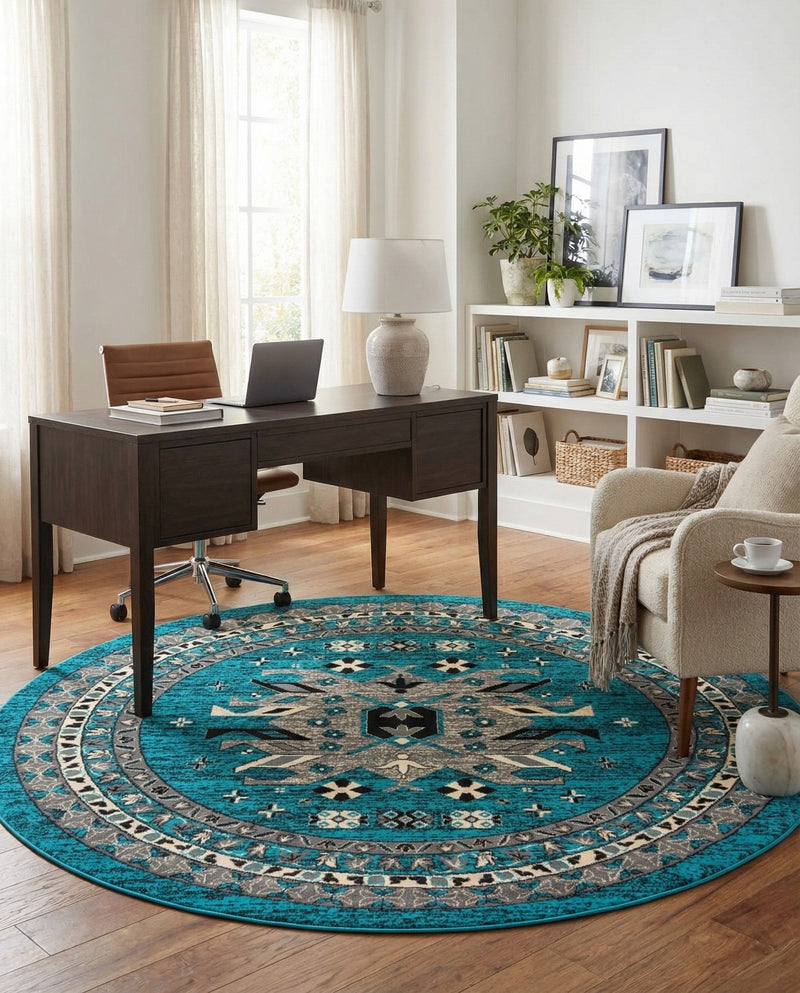 Tabriz Tapestries Collection Area Rug - Azerbaijan (Turquoise) Round Turquoise  lifestyle 44