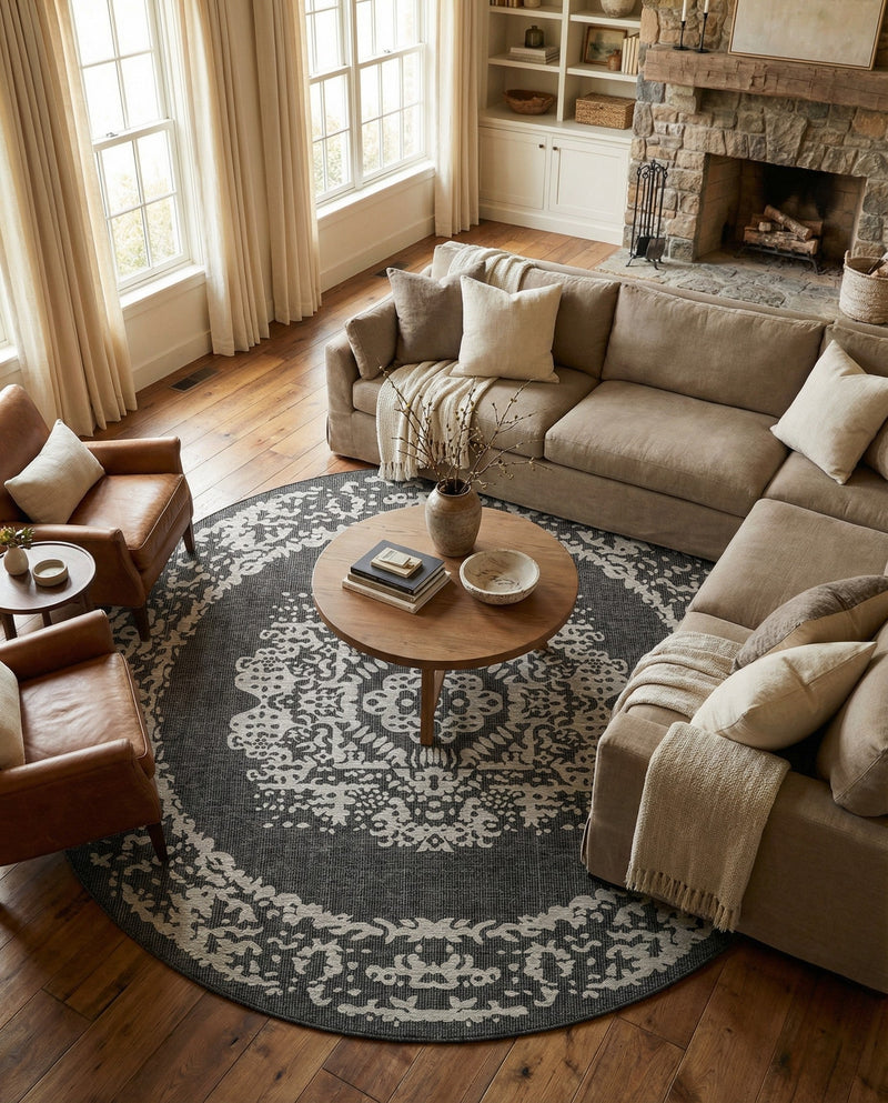 Patio Heritage Collection Area Rug - Savannah (Charcoal Gray) Round Charcoal Gray  lifestyle 60