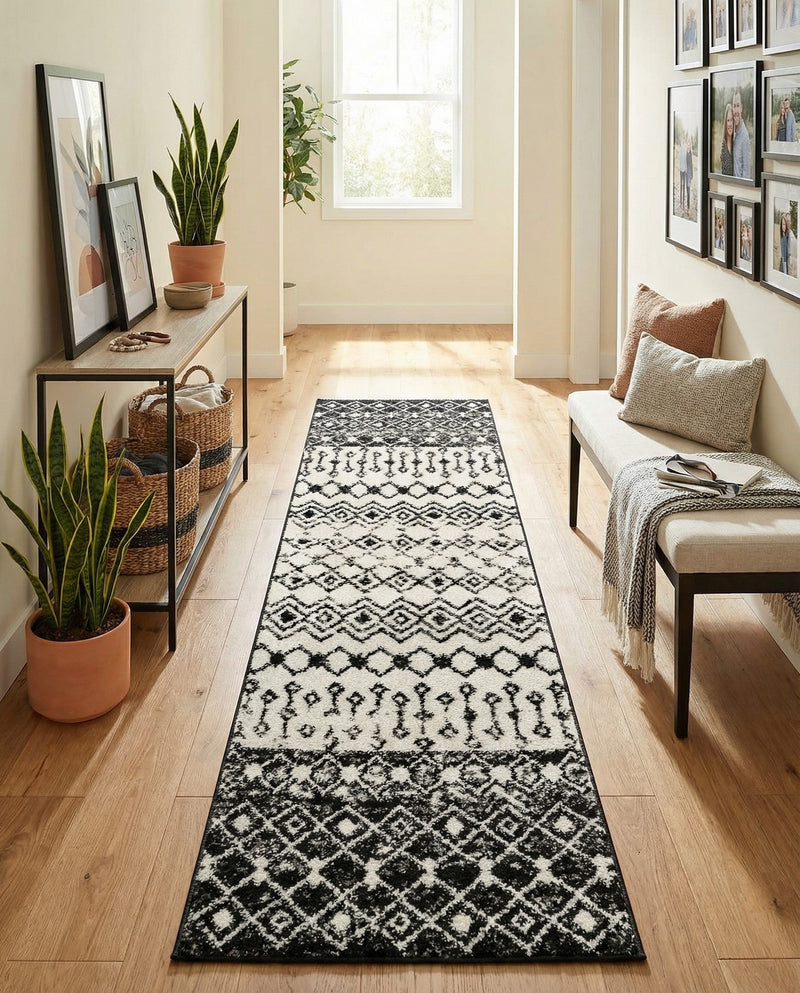 Mediterranean Lattice Collection Area Rug -  Casablanca (Black and White) Runner Black and White  lifestyle 45