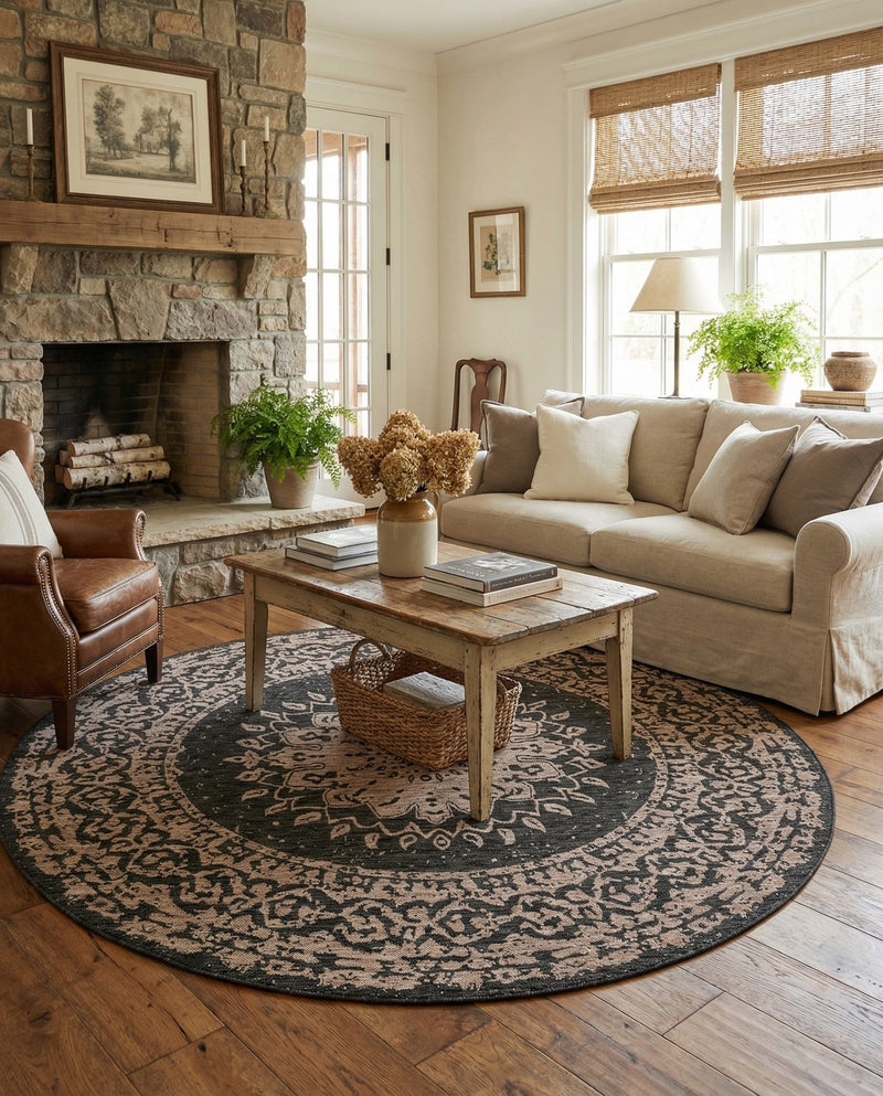 Patio Heritage Collection Area Rug -  Lafayette (Black) Round Black  lifestyle 55