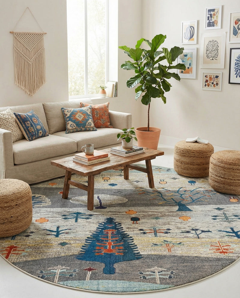 Colorburst Oasis Collection Area Rug -  Mosaic Round Ivory Gray Blue  lifestyle 69