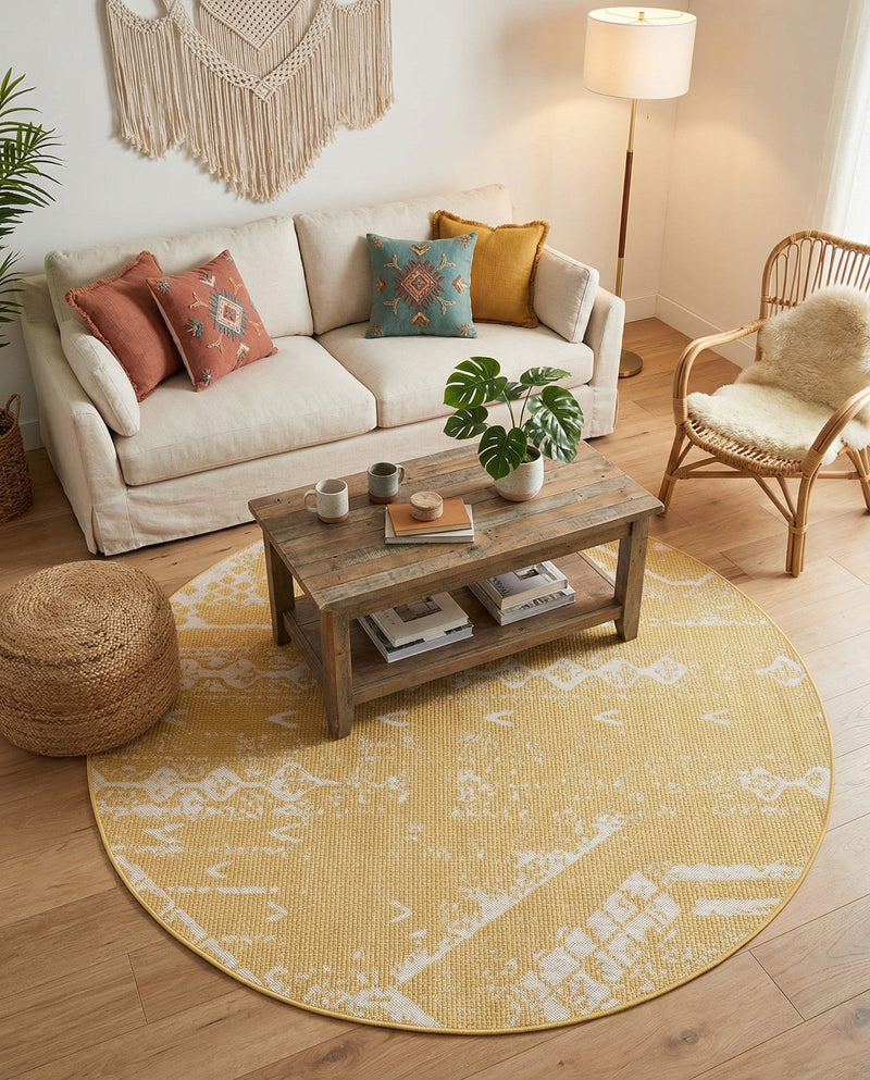 Desert Nomad Terrace Collection Area Rug - Sahara (Yellow) Round Yellow  lifestyle 23