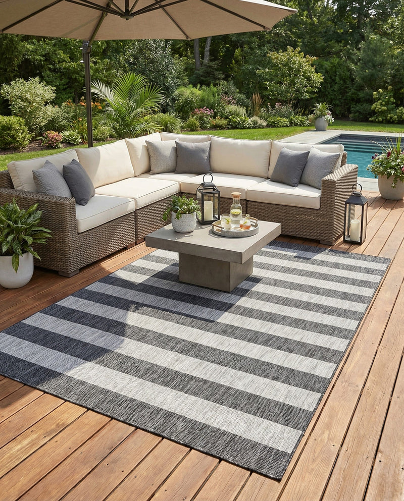 Seaside Stripes Collection Area Rug -  Veranda Rectangle Charcoal Gray  lifestyle 12