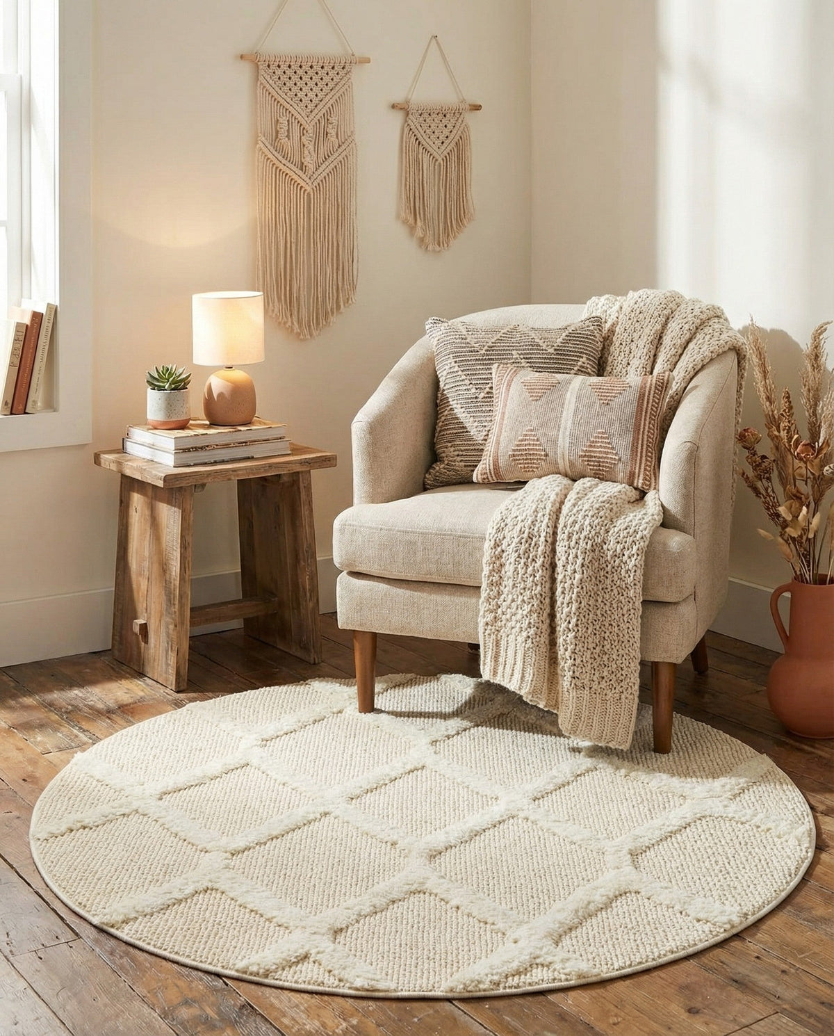 Sahara Chic Collection Area Rug -  Tuareg Round Ivory  lifestyle 140