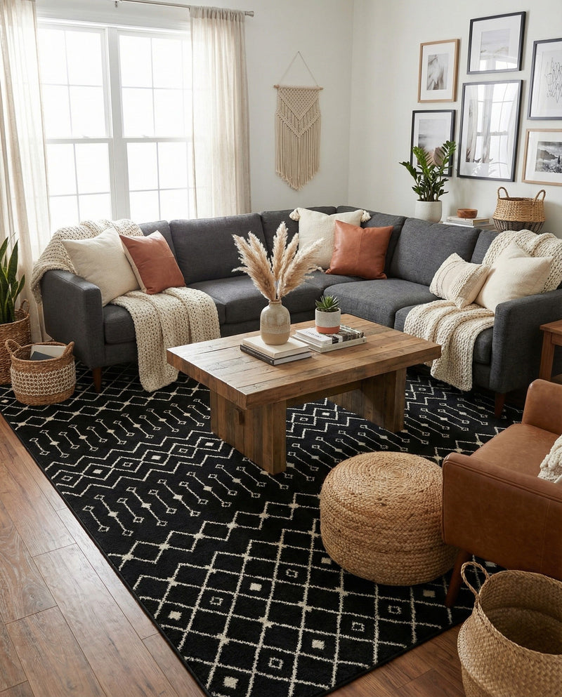 Mediterranean Lattice Collection Area Rug - Santorini (Black and White) Rectangle Black and White  lifestyle 3