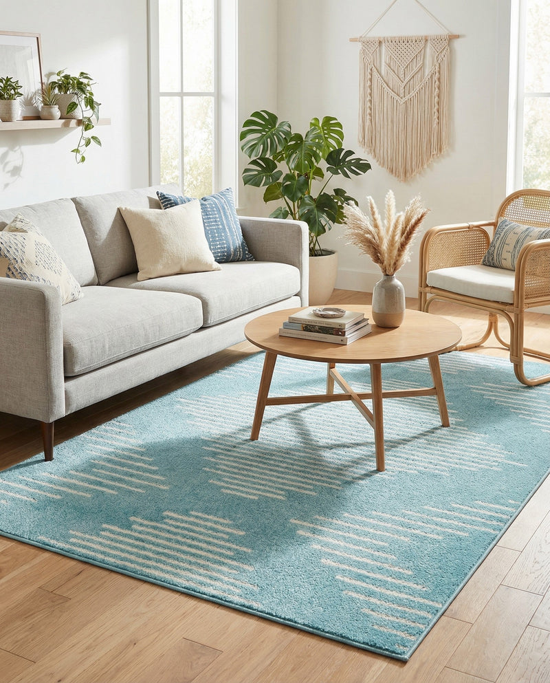 Seychelles Stripes Collection Area Rug - Mahe (Light Blue) Rectangle Light Blue  lifestyle 19