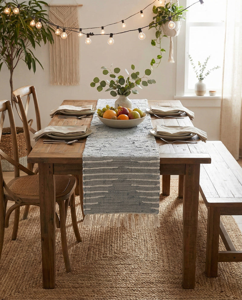 Thar Cotton Collection Area Rug - Jaisalmer (Light Gray) Table Runner Light Gray  lifestyle 74