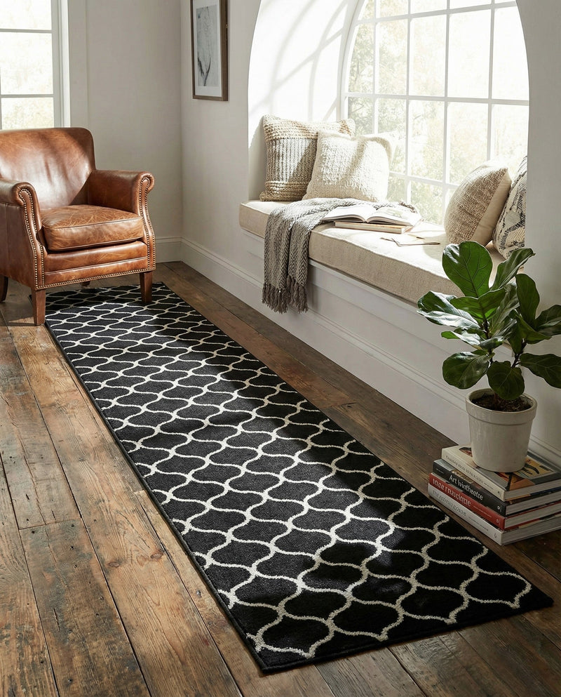 Trellis Mosaic Collection Area Rug -  Pergolatown (Black) Runner Black  lifestyle 37