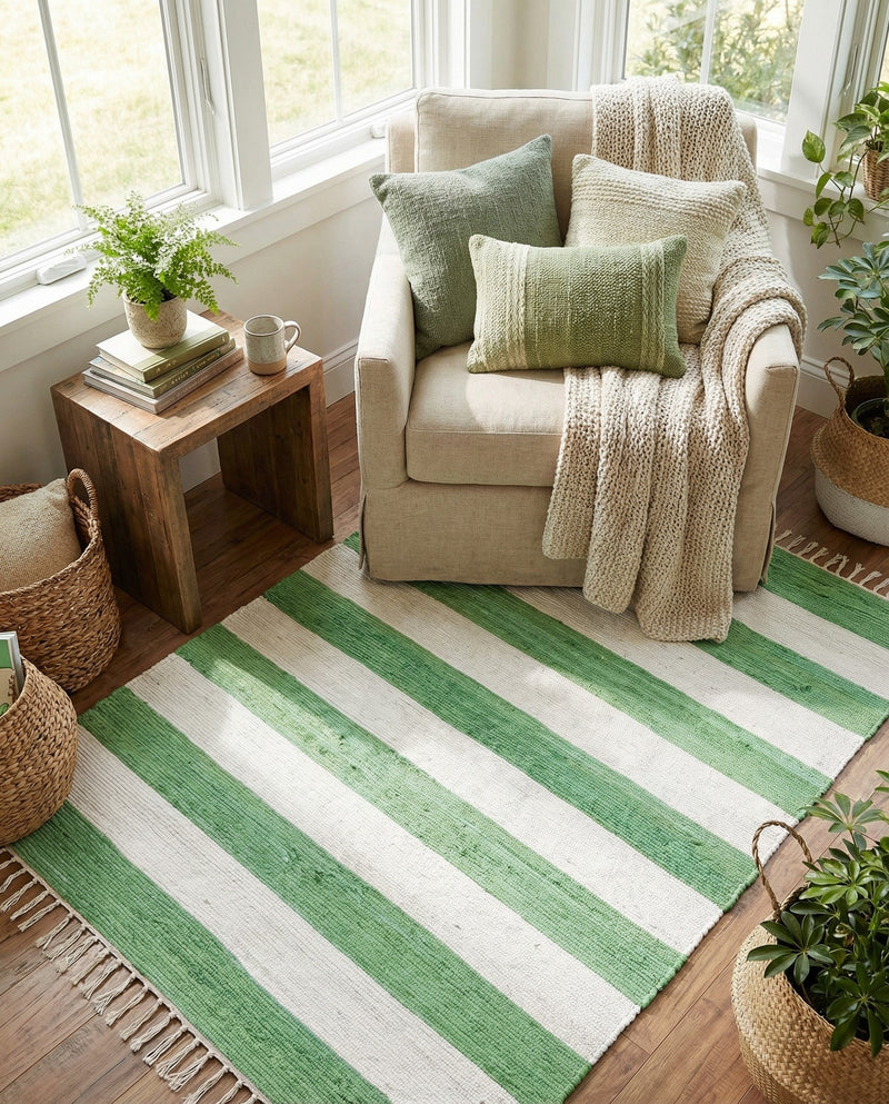 Tassel Trail Collection Area Rug - Pathway (Green and Ivory) Rectangle Green and Ivory  lifestyle 13