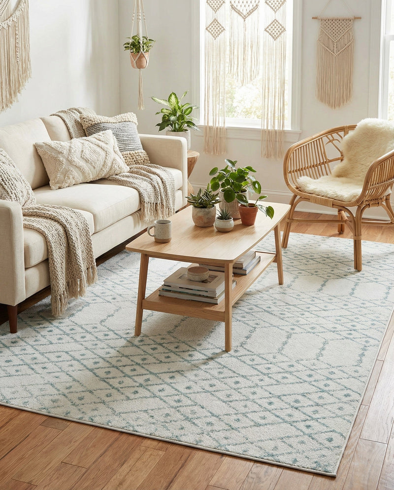 Marrakesh Lattice Collection Area Rug - Casablanca (Ivory Aqua) Rectangle Ivory Aqua  lifestyle 3