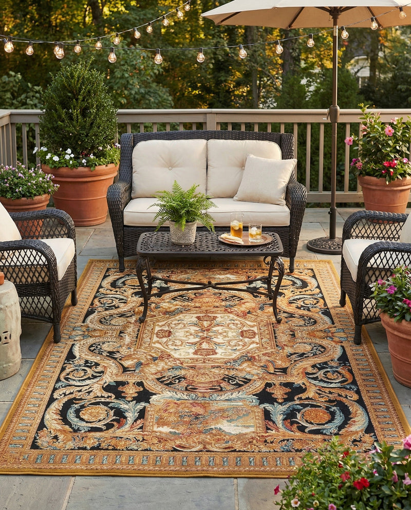 Patio Heritage Collection Area Rug - Veranda Rectangle Black Gold Brown  lifestyle 20