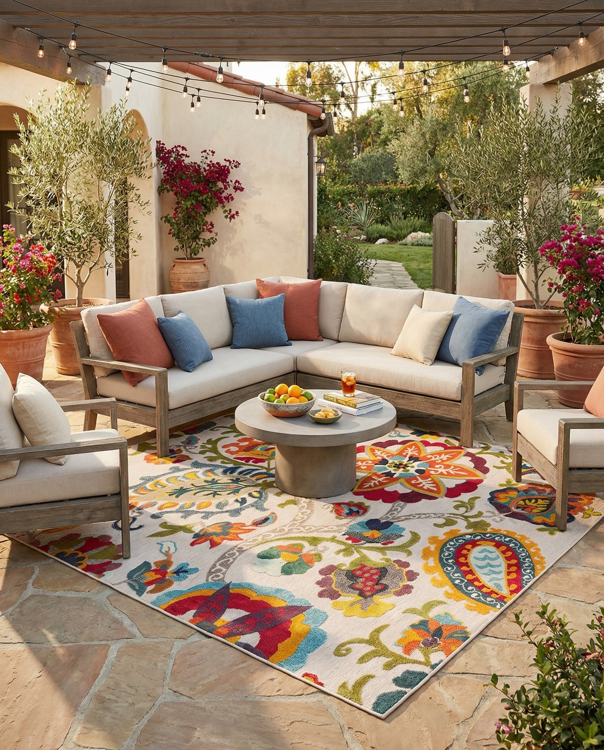 Outdoor Marrakesh Collection Area Rug - Fes Square Multi Beige  lifestyle 124