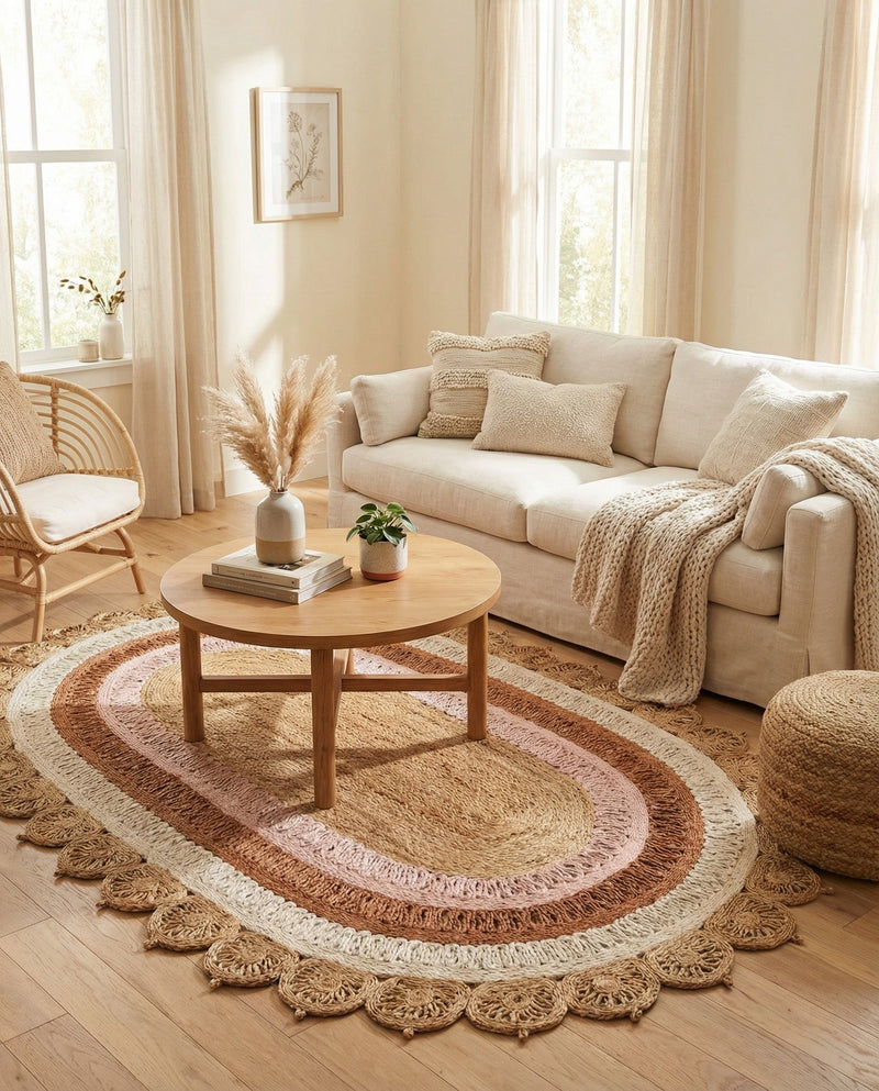 Woven Seaside Jute Collection Area Rug - Coastalhaven (Natural White Orange Pink) Oval Natural White Orange Pink  lifestyle 21