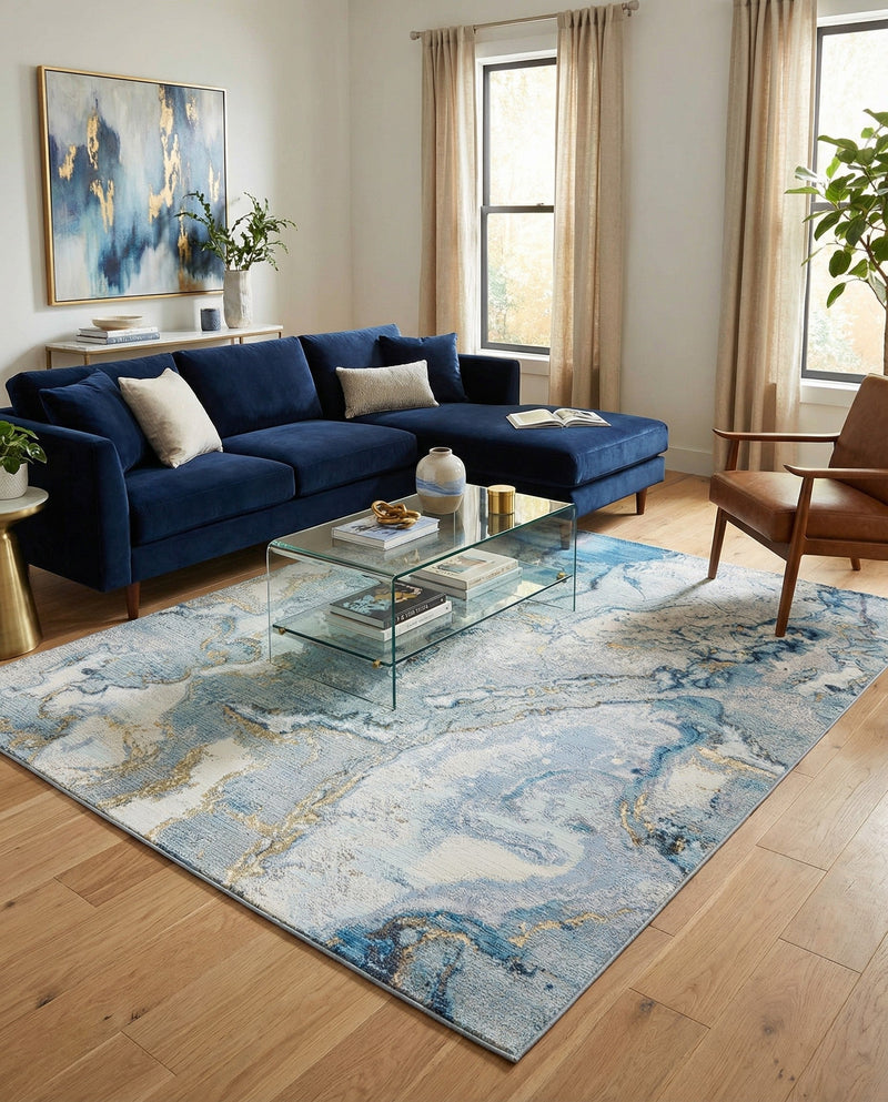 Urban Terrace Collection Area Rug -  Vertex Rectangle Blue and Ivory  lifestyle 24