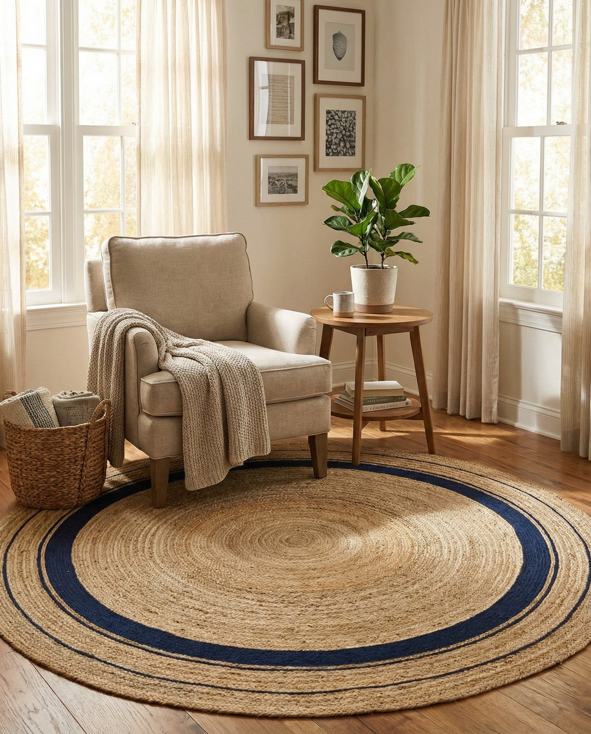 Woven Seaside Jute Collection Area Rug - Nantucket Round Natural and Navy Blue  lifestyle 56