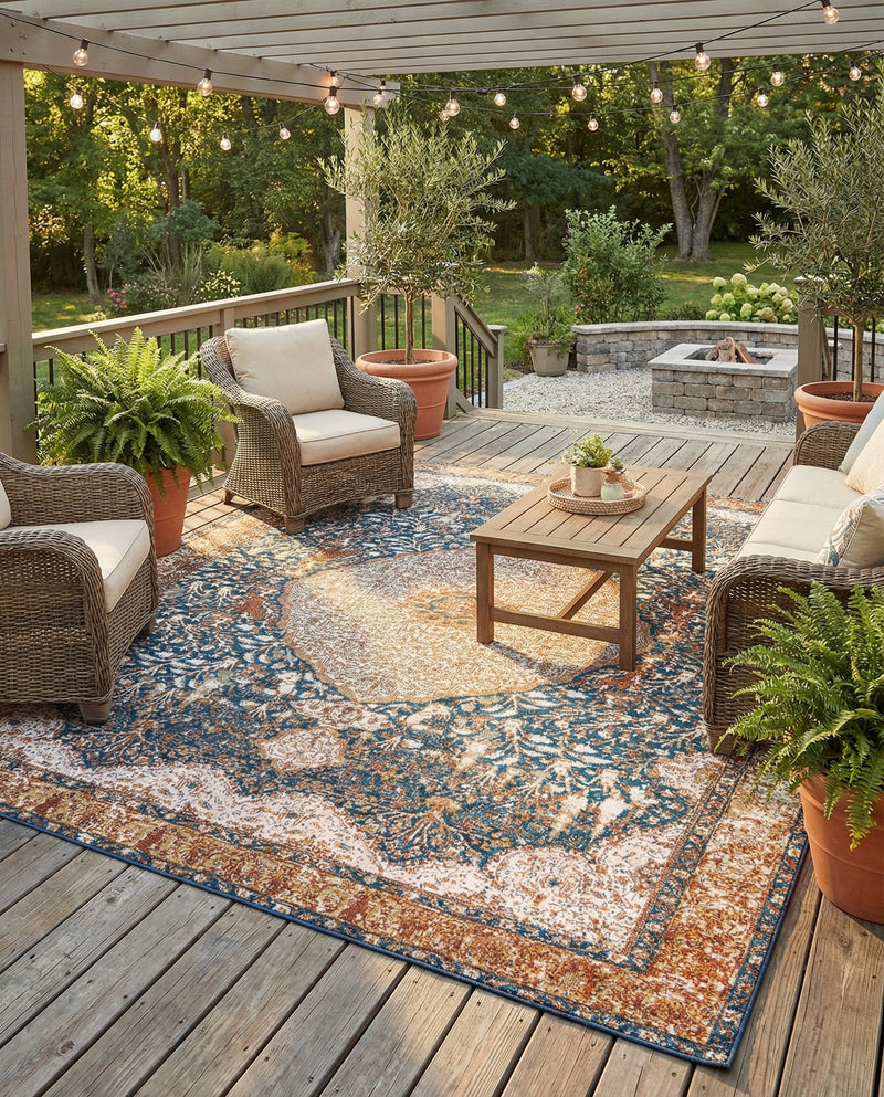Patio Heritage Collection Area Rug -  Courtyard Square Navy Blue and Light Pink  lifestyle 64