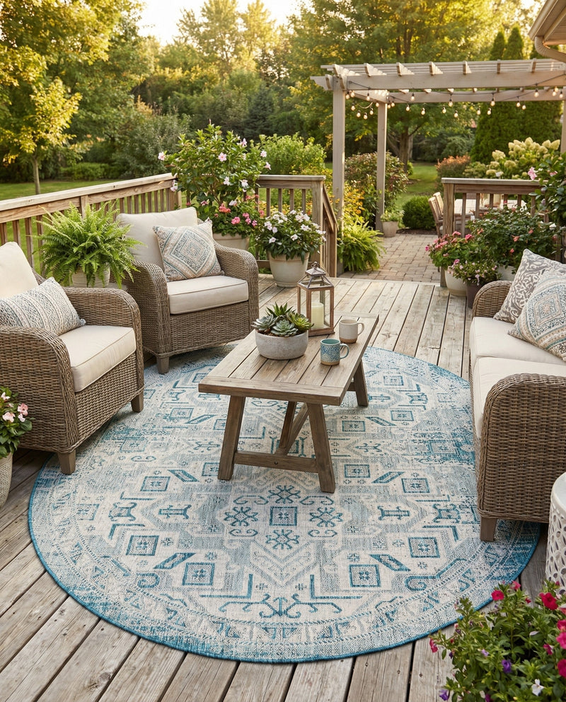 Tribal Terrace Treasures Collection Area Rug - Mayan Marina (Teal) Oval Teal  lifestyle 68