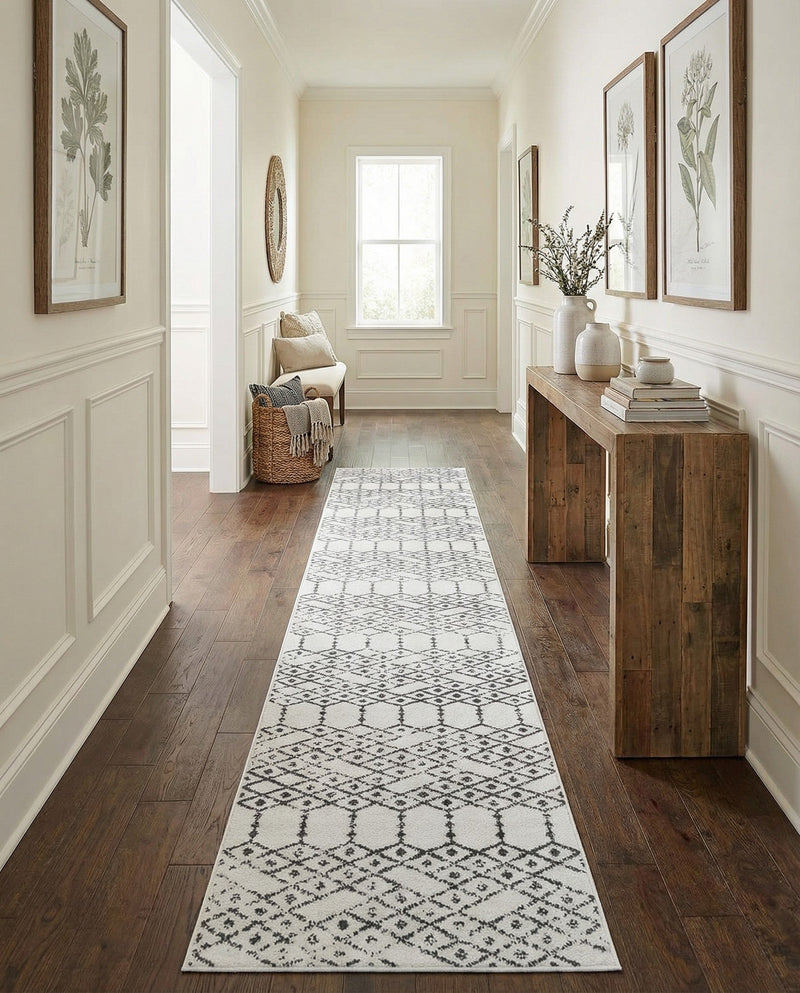 Marrakesh Lattice Collection Area Rug - Casablanca (Ivory Black) Runner Ivory Black  lifestyle 59