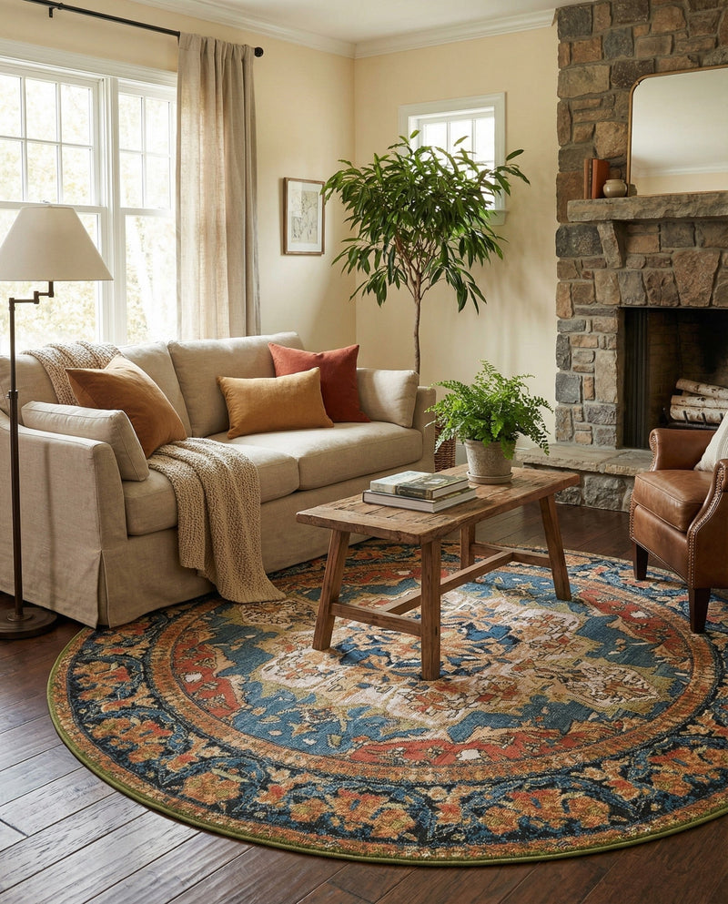 Patio Heritage Collection Area Rug -  Grove Round Navy Blue and Rust Red  lifestyle 73