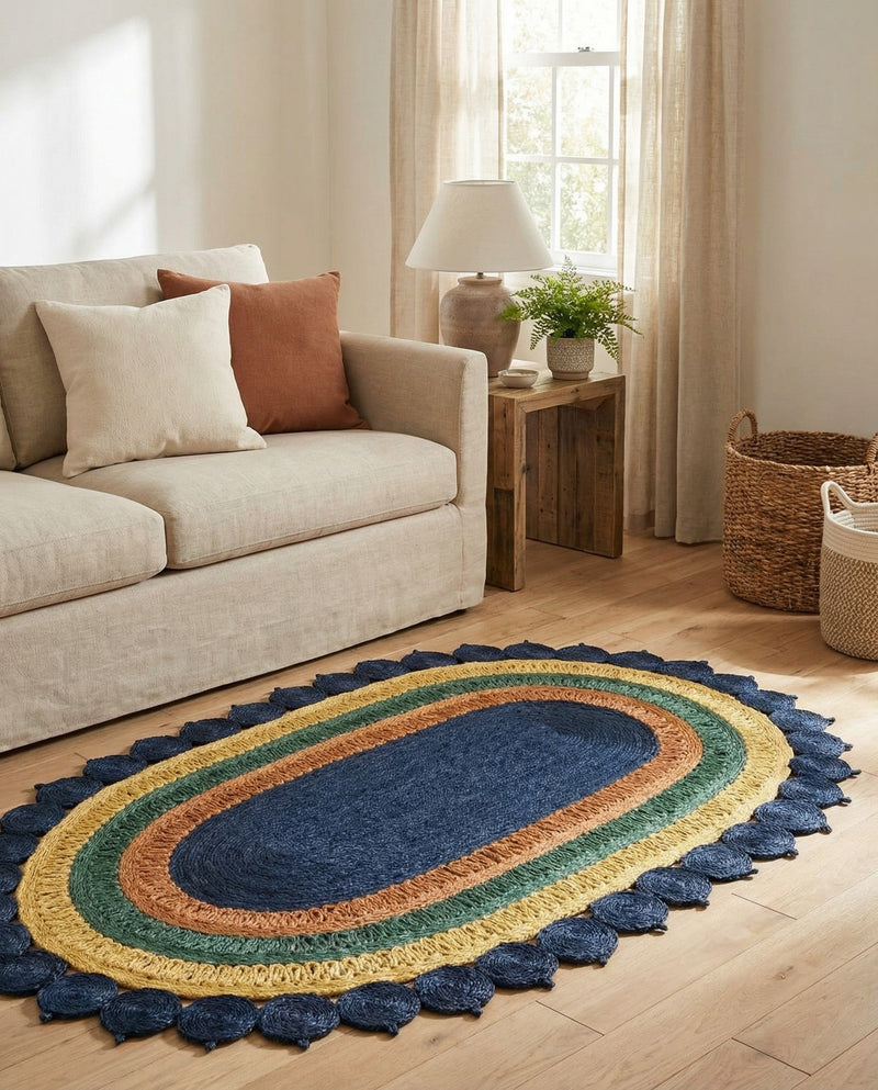Woven Seaside Jute Collection Area Rug - Coastalhaven (Navy Blue Yellow Green) Oval Navy Blue Yellow Green  lifestyle 23