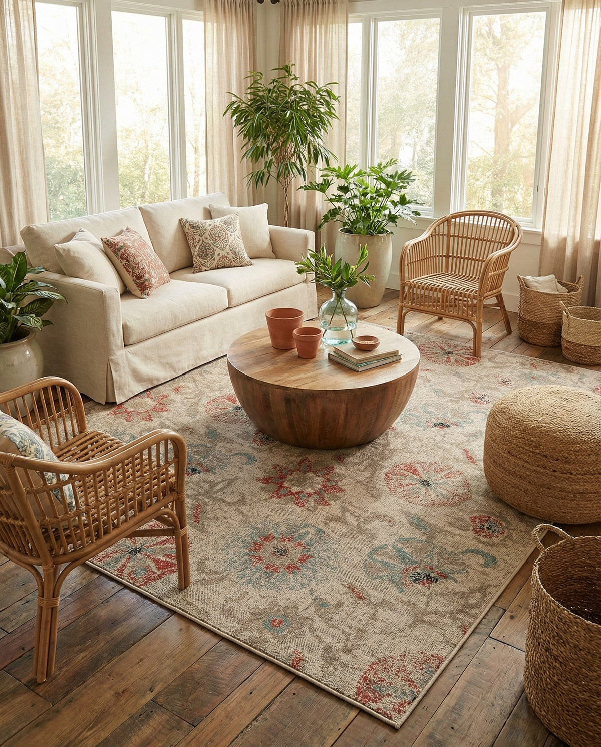 Seaside Blooms Collection Area Rug - Seychelles Square Beige  lifestyle 102