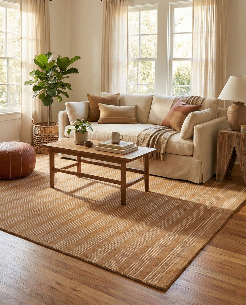Hampton Stripes Wool Collection Area Rug - Montauk Rectangle Latte Brown  lifestyle 7