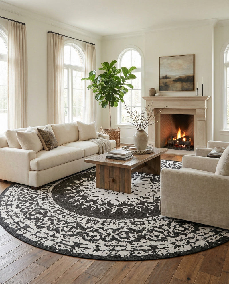 Patio Heritage Collection Area Rug -  Lafayette (Black and White) Round Black and White  lifestyle 55