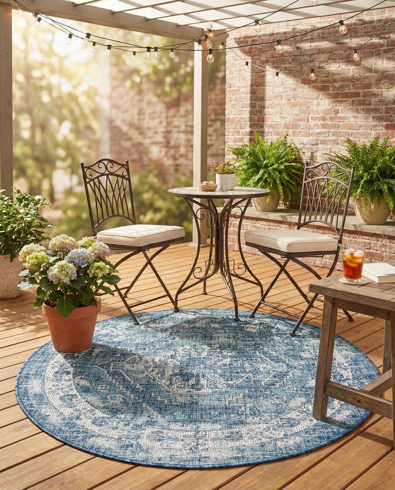 Patio Heritage Collection Area Rug -  Augusta (Blue) Round Blue  lifestyle 69