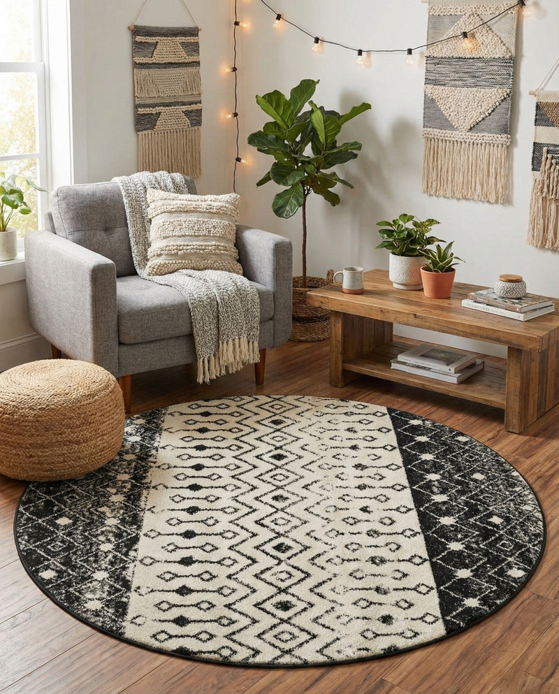 Mediterranean Lattice Collection Area Rug -  Casablanca (Black and White) Round Black and White  lifestyle 48