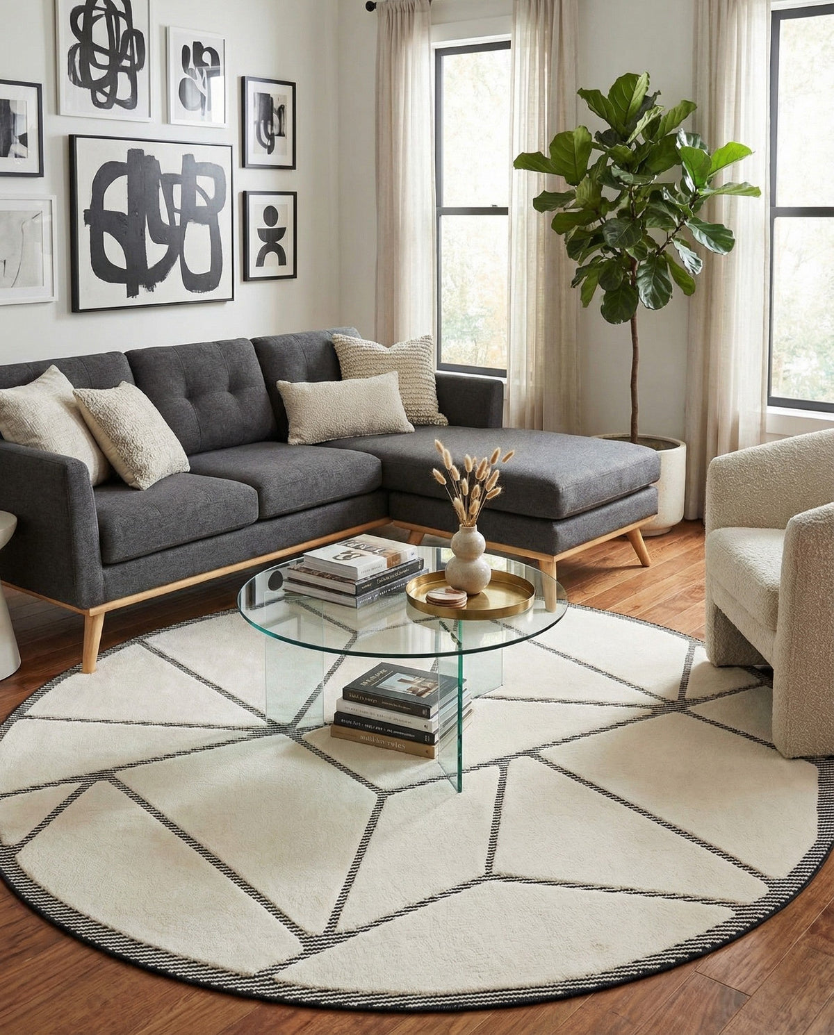 Monochrome Collection Area Rug -  Onyx Round Ivory White  lifestyle 113