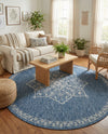 Patio Heritage Collection Area Rug -  Charleston (Blue) Round Blue  lifestyle 45