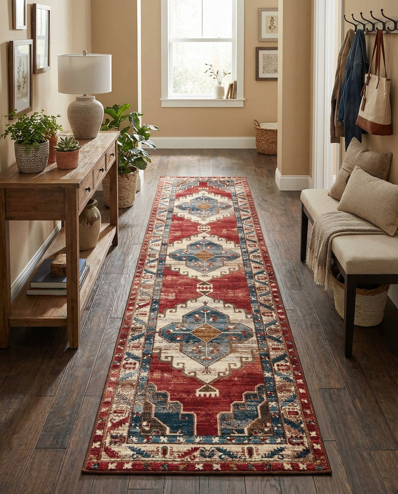 Patio Heritage Collection Area Rug -  Alcove Runner Red and Navy Blue  lifestyle 69