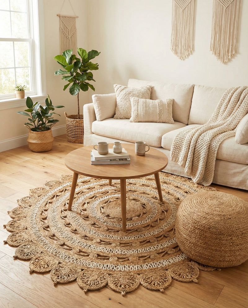 Woven Seaside Jute Collection Area Rug - Coastalhaven (Natural and White) Round Natural and White  lifestyle 32
