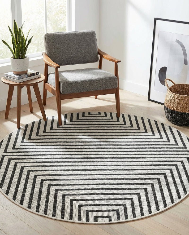 Urban Terrace Collection Area Rug -  Astoria (White and Black) Round White and Black  lifestyle 41