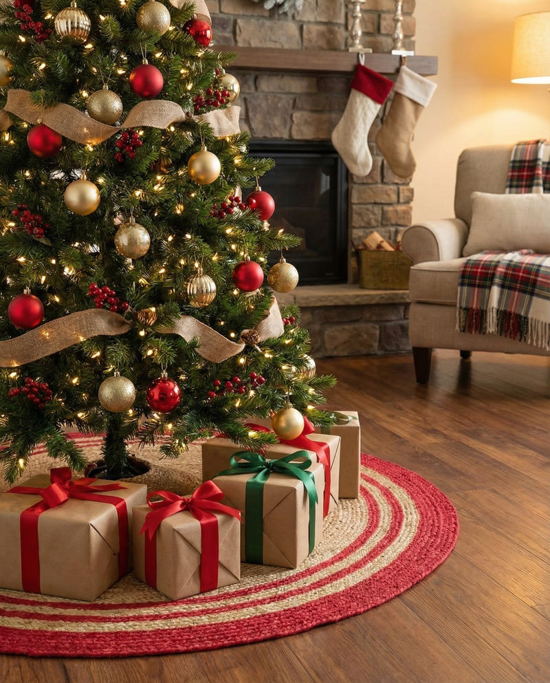Holiday Hearth Rugs Collection Area Rug - Yuletide Round Natural and Red  lifestyle 20