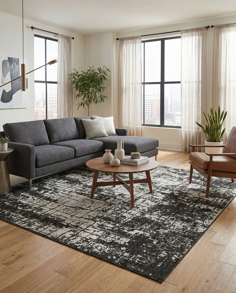 Urban Terrace Collection Area Rug -  Midtown Square Black and White  lifestyle 21