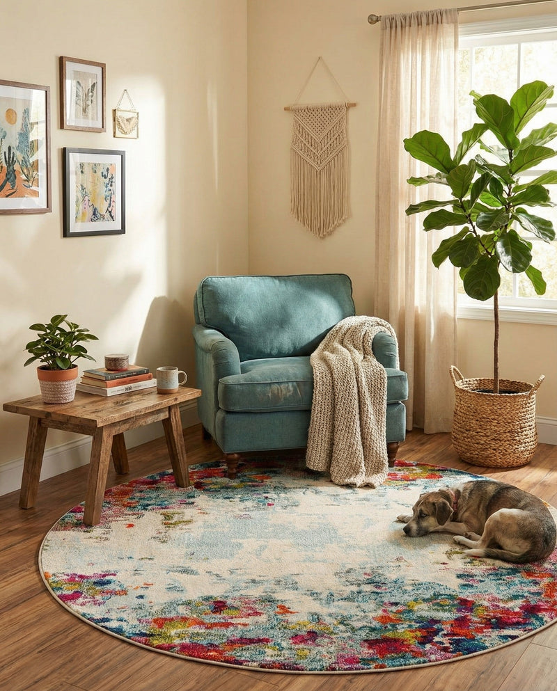 Chromatic Oasis Collection Area Rug -  Blush Round Multi  lifestyle 80
