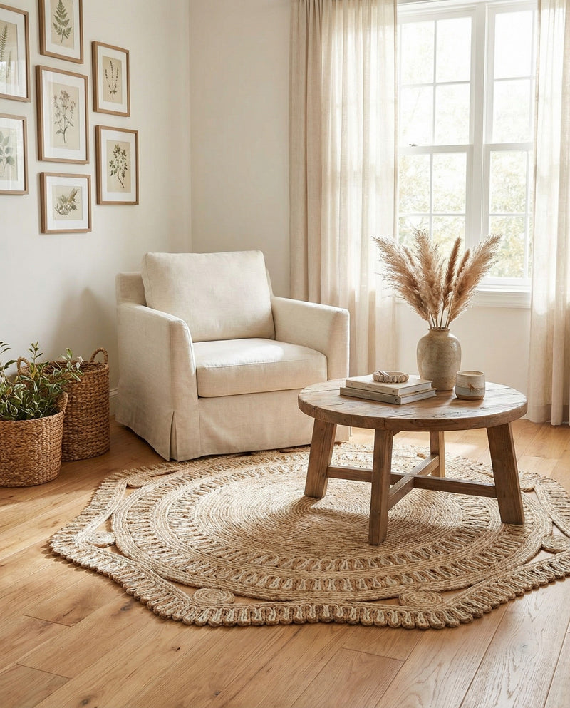 Woven Seaside Jute Collection Area Rug - Nantucket Round Natural and White  lifestyle 75