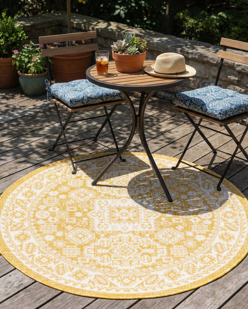 Tribal Terrace Treasures Collection Area Rug -  Incan Isle (Yellow) Round Yellow  lifestyle 64