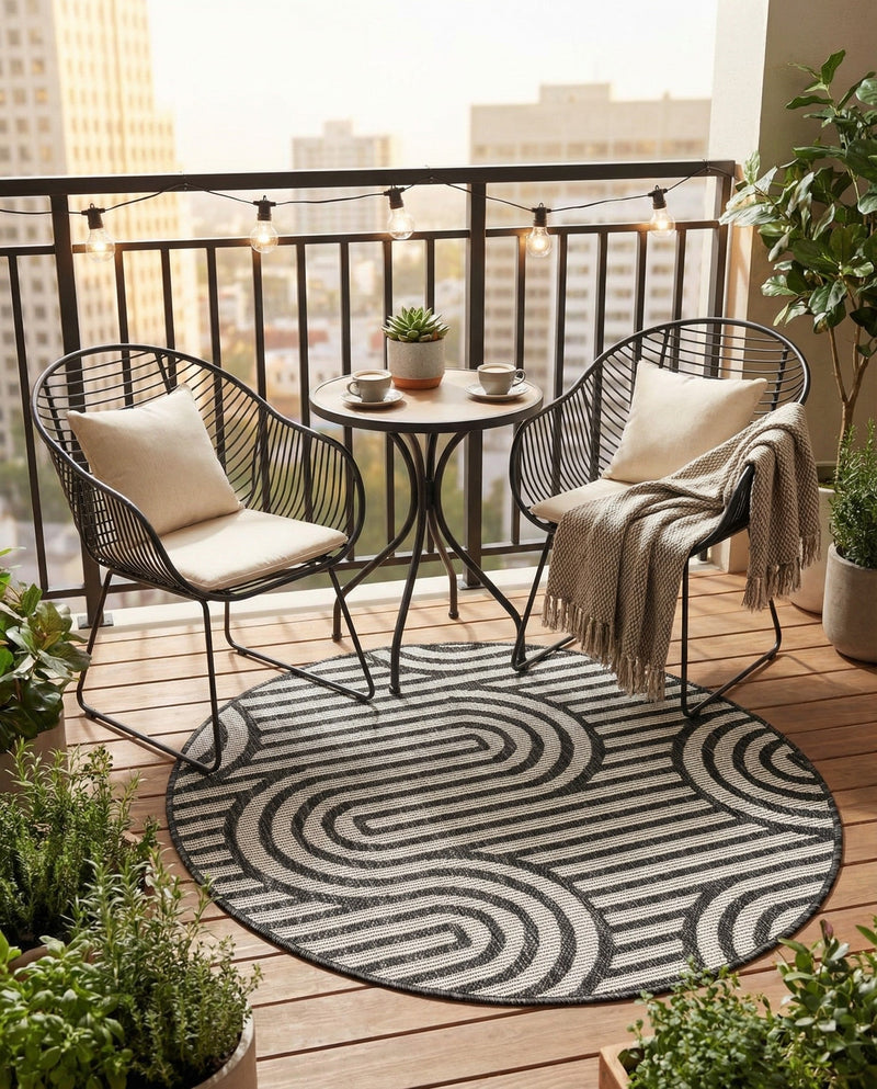 Urban Terrace Collection Area Rug -  Uptown Round Black and White  lifestyle 57