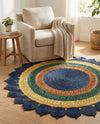 Woven Seaside Jute Collection Area Rug - Coastalhaven (Navy Blue Yellow Green) Round Navy Blue Yellow Green  lifestyle 8