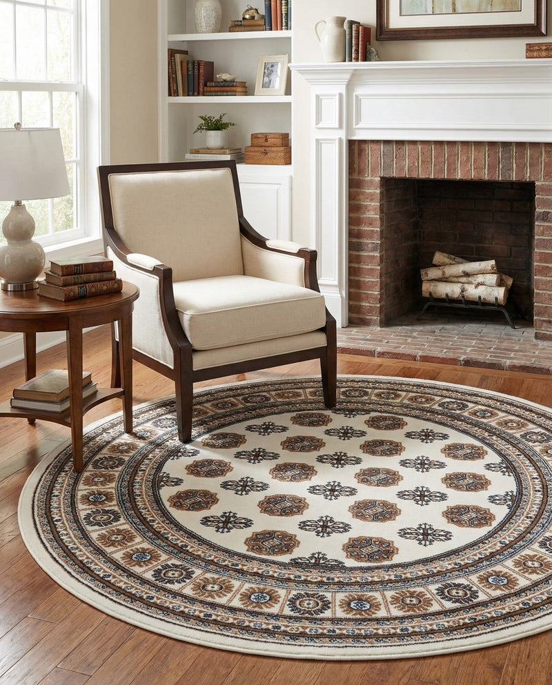 Samarkand Elegance Collection Area Rug -  Margilan (Ivory) Round Ivory  lifestyle 55